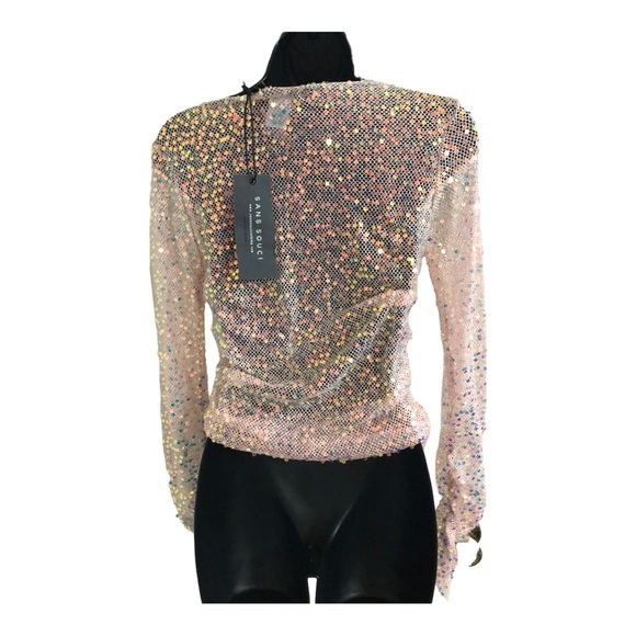 Sans Souci Pink‎ Sequin sheer mesh iridescent shirred side and sleeve top size M - Picture 5 of 11